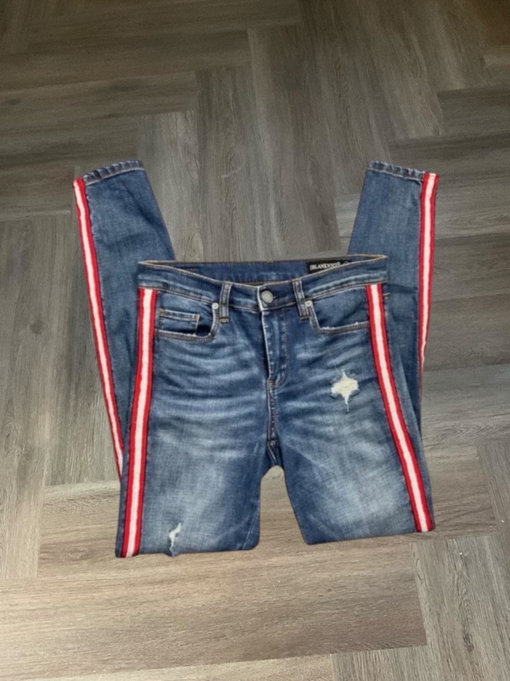 BLANKNYC‎ Skinny Tuxedo Stripe Jeans Distressed Denim Womens 25 Blue Red White
